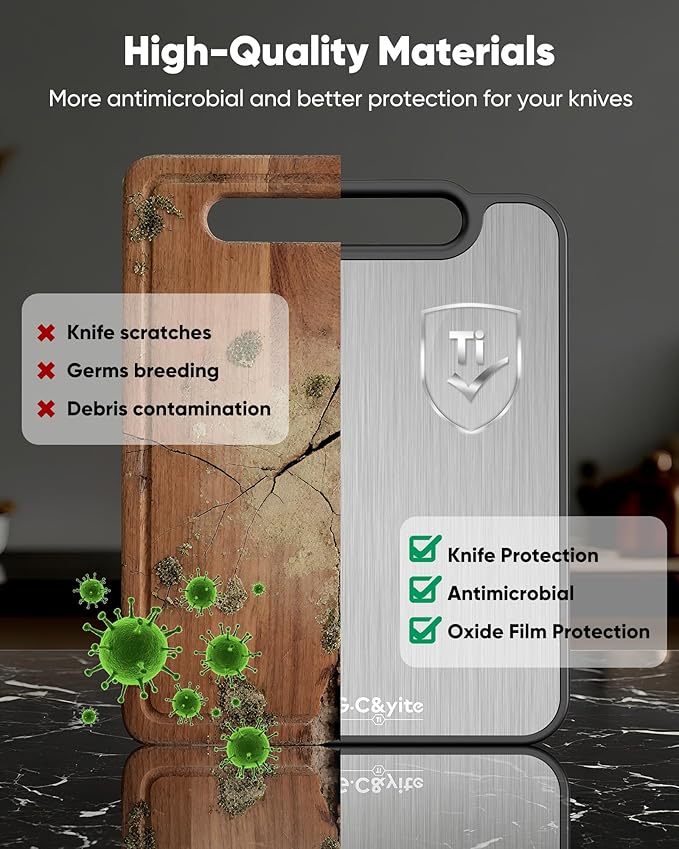 G.C&yite Titanium Cutting Board for kitchen, Lightweight No Toxic Double Sided Pure Titanium Chopping Board with Wheat Straw PP for Food Safety, Easy to Clean, Kitchen Gifts 15.5" x 10.5", 1-Pcs