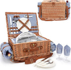 Picnic Baskets for 2, Picnic Basket with Waterproof Blanket, Picnic Basket Set with Washable Beach Mat & Large Insulated Cooler Compartment, Handmade Natural Wicker Hamper for Camping, Outdoor Party