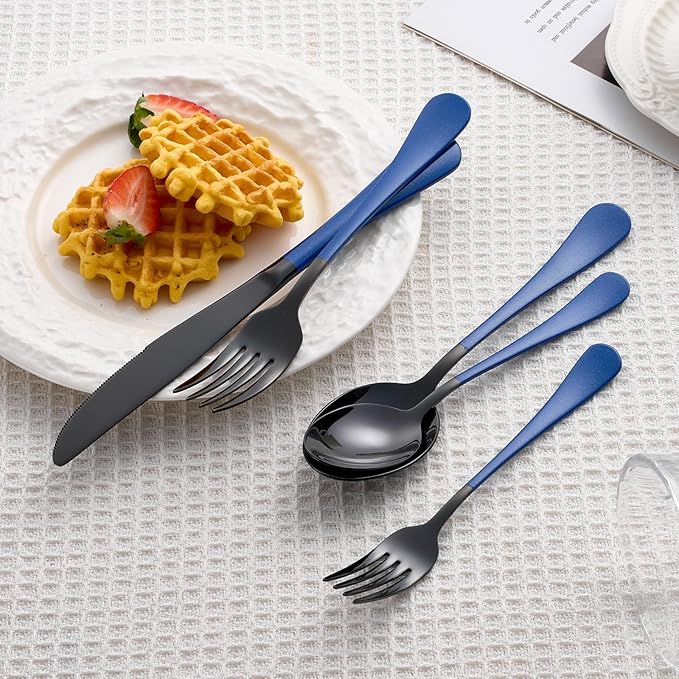 20 Piece Black Blue 18/0 Flatware Utensil Set for 4, Include Dinner Knife,Dinner Forks,Dinner Spoons,Salad Forks,Teaspoons,Silverware Set for 4, Dishwasher Safe