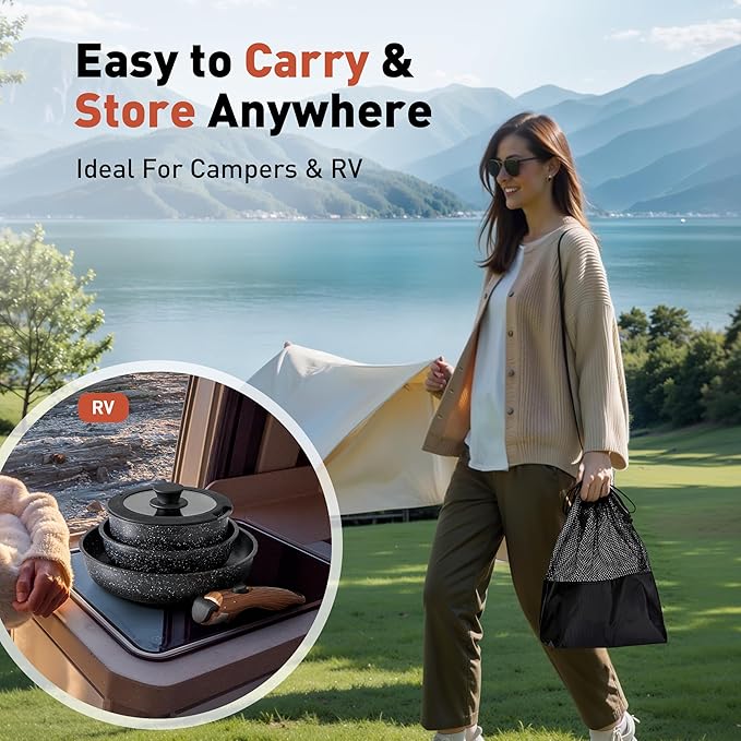 10 Pcs Pots and Pans Set Non Stick, Nonstick Kitchen Cookware Sets Detachable Handle, Induction Pots and Pans Set with Removable Handle, RV Cookware Set for Camping, Oven Safe, PFOS, PFOA Free, Black