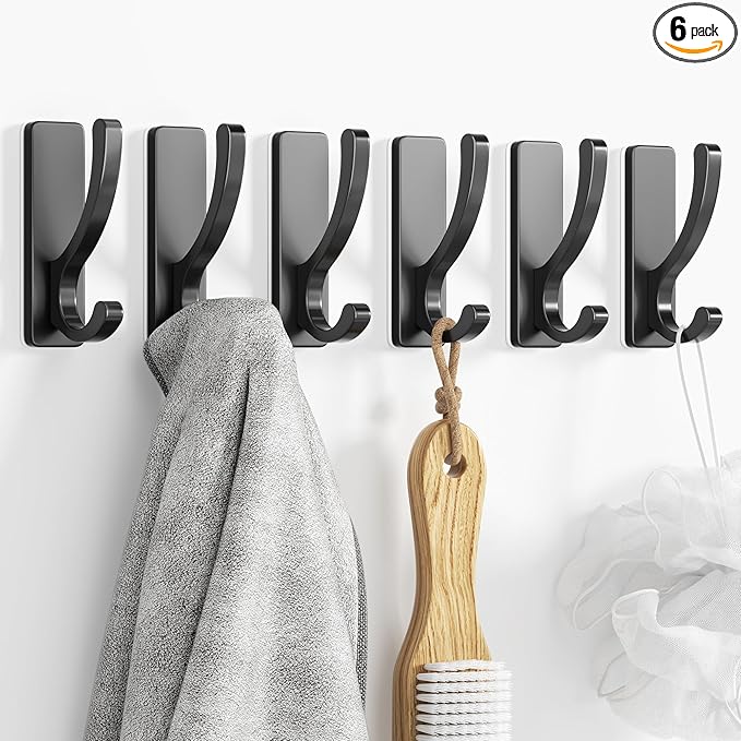 Adhesive Wall Hooks for Towels Coats - Stick On Hooks Hanging Heavy Duty (13lb), Metal Hook for Door, Bathroom, Dorm, Closet - Hanger for Purse, Bag, Robe,Backpack - No Damage to Wall - Black 6 Pack