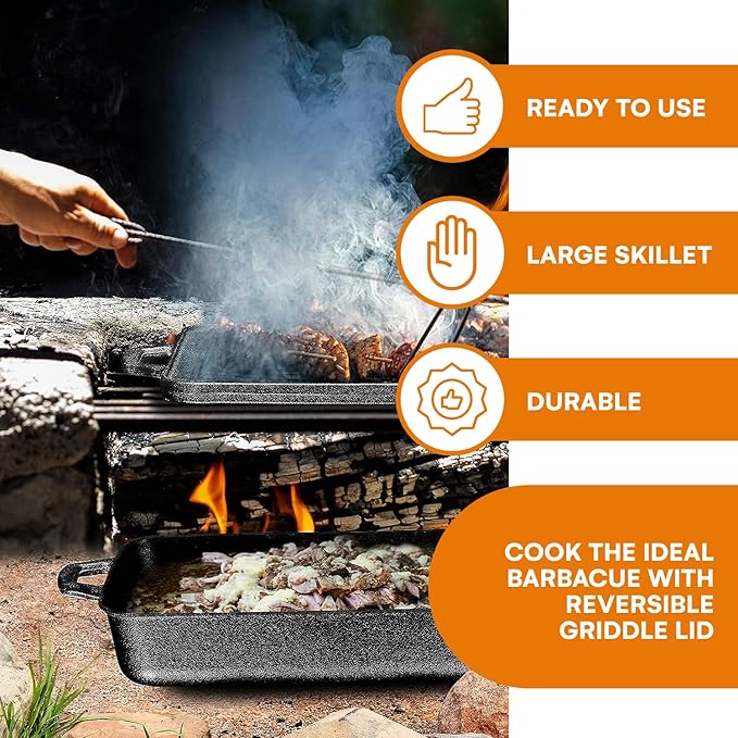 Bruntmor 3-in-1 Pre-Seasoned Cast Iron Pan with Reversible Grill Griddle Lid - 17.8"x11"x3.3" Non-Stick Multi Cooker Deep Roasting Grill Pan - Dutch Oven, Frying or Roasting Pan for Open Fire Camping