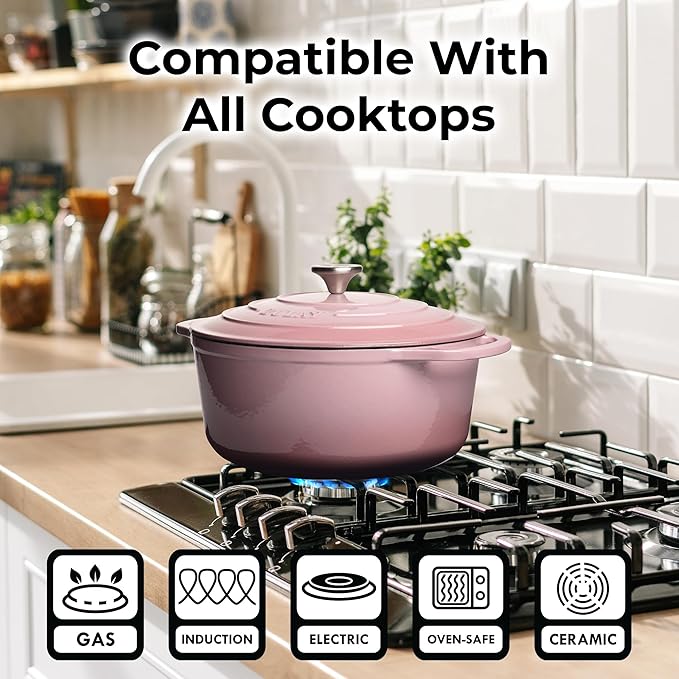 Zulay Kitchen 5 Quart Enameled Cast Iron Dutch Oven with Lid,Silicone Trivet & Heat Pad – Premium Durability & Oven Safe up to 500°F – Heavy Duty Cookware Perfect for Bread Baking, Stews, Braising & Roasting – Pink