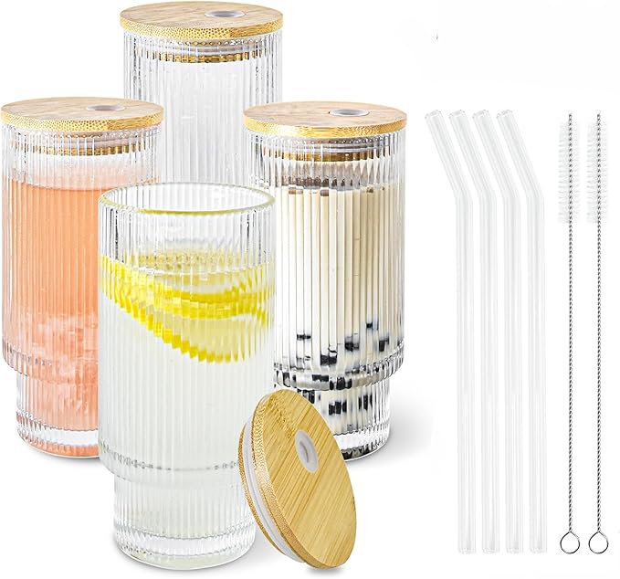 4 Pcs 11 oz Drinking Glasses Cups Set with Bamboo Lids Straws Brush Ribbed Vintage Glassware Set for Tea Iced Coffee Beer Cocktail Whiskey(Ribbed*4)