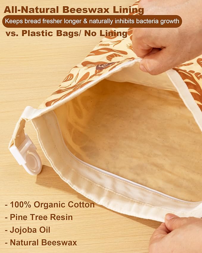 2-Pack Beeswax Bread Bags with Zipper & Buckle - Reusable Cotton Storage for Sourdough & Homemade Bread, Freezer Safe