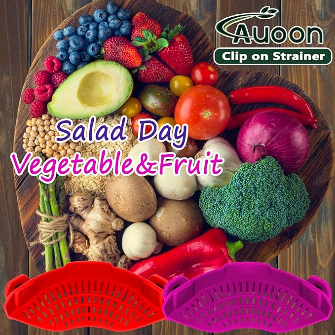 AUOON Clip On Strainer Silicone for All Pots and Pans, Pasta Strainer Clip on Food Strainer for Meat Vegetables Fruit Silicone Kitchen Colander (Purple)