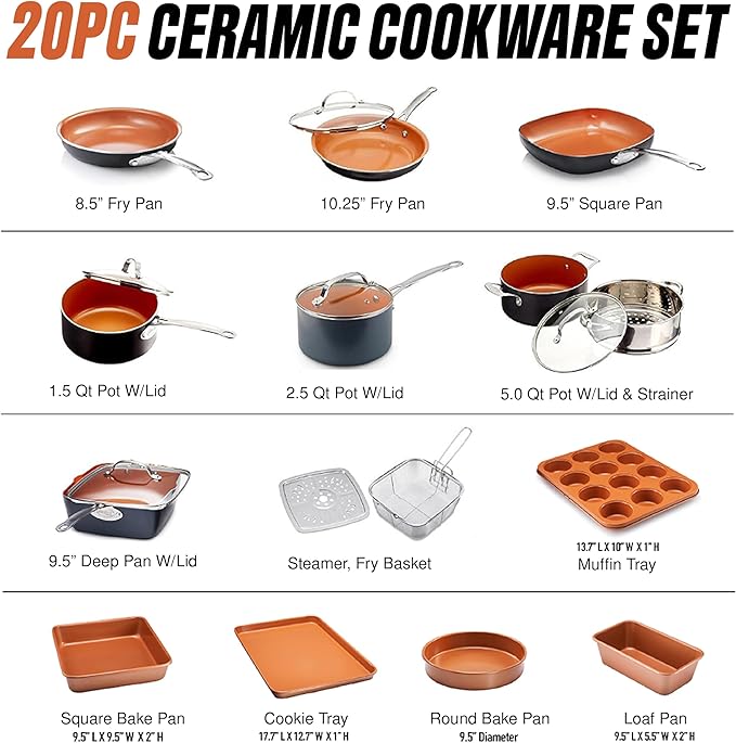 Gotham Steel True 20 Pc Ceramic Cookware Set Nonstick, Ceramic Pots and Pans Set Non Stick with Deep Square Pan Set & Bakeware Set, Non Toxic PFOA PFOS Free, Oven & Dishwasher Safe, No Cheater Pieces