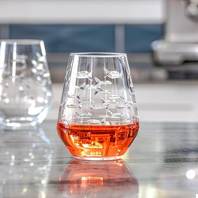 Rolf Glass | School of Fish Stemless Tumbler | 18oz Stemless Wine Glasses | Lead-Free Glass | Engraved and polished in Pennsylvania | US made (Set of 2)