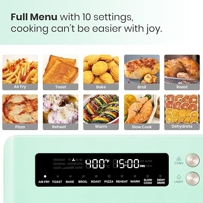 Retro Style Infrared Heating Air Fryer Toaster Oven, Extra Large Countertop Convection Oven 10-in-1 Combo, 6-Slice Toast, Enamel Baking Pan Easy Clean with Recipe Book, Green Color