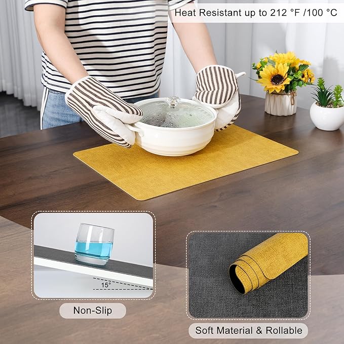 Myir JUN Dual Sided Placemats, Faux Leather Set of 4 for Dining Table Indoor Outdoor, Square Non-Slip Washable Table Mats (Gray Yellow)