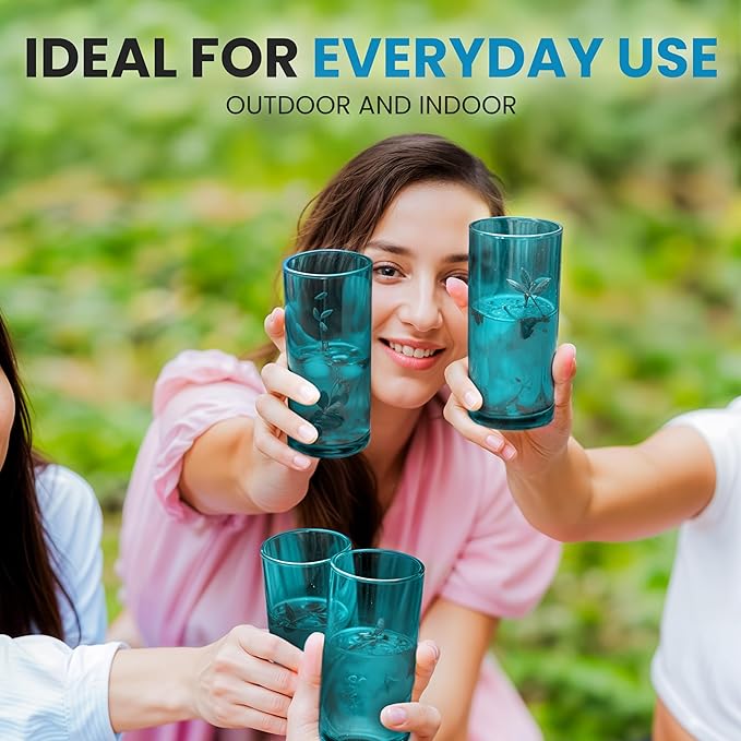 Zulay Kitchen Acrylic Glasses Drinkware - 6 Piece Unbreakable Plastic Tumblers - BPA-Free, Reusable Plastic Drinking Glasses for Home & Outdoors - Lead-Free & Dishwasher Safe - Turquoise - (24oz)
