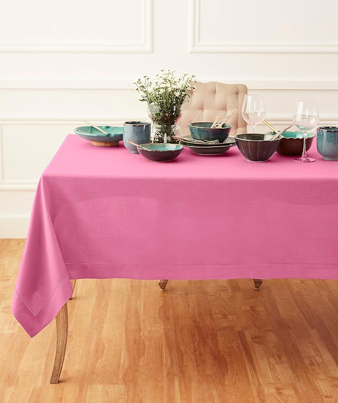 Solino Home Square Linen Tablecloth 52 x 52 Inch - 100% Pure Linen Flamingo Pink Table Throw - Classic Hemstitch, Machine Washable Table Cloth for Summer, Halloween