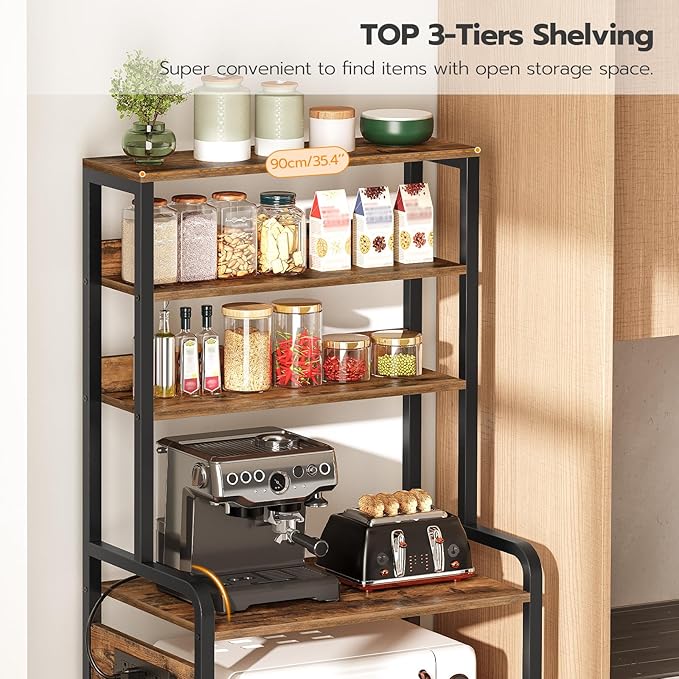 HOOBRO Bakers Rack with Power Outlet, 68.1inch Height Microwave Stand with 4 S-Shaped Hooks, 7-Tier Kitchen Storage Shelf Rack, Coffee Bar, for Kitchen, Living Room, Rustic Brown BF06HB01