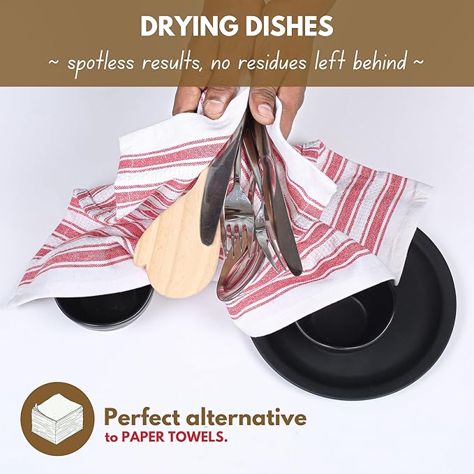 Native Fab 100% Cotton Red Kitchen Towels - 16x26 inches - Set of 4 - Basket Weave Stripe Dish Towels for Cleaning, Drying Dishes, Absorbent Dish Cloths Set with Hanging Loop - Red White