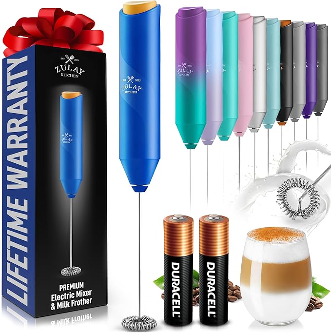 Zulay Kitchen Milk Frother Handheld with 2 Duracell AA Batteries – Electric Drink Mixer for Coffee, Lattes, Cappuccinos, Matcha & Hot Chocolate – Portable Foam Maker & Coffee Bar Accessory