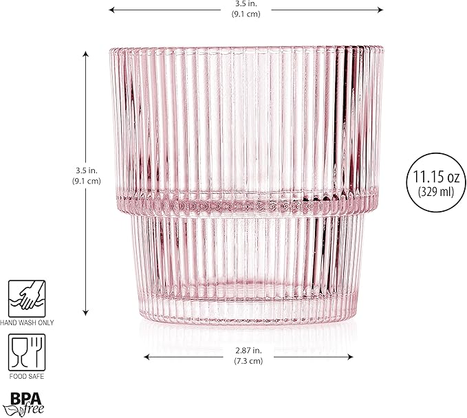 Glaver's Ribbed Drinking Glasses Set of 4, Pink Drink Glasses, Vintage Glass Cups. 11 oz Rocks Glasses, Stackable Whiskey Glasses, Modern Vintage Style, Blush