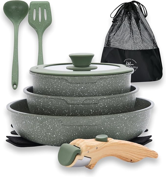 10 Pcs Pots and Pans Set Non Stick, Nonstick Kitchen Cookware Sets Detachable Handle, Induction Pots and Pans Set with Removable Handle, RV Cookware for Camping, Oven Safe, PFOS, PFOA Free, Green