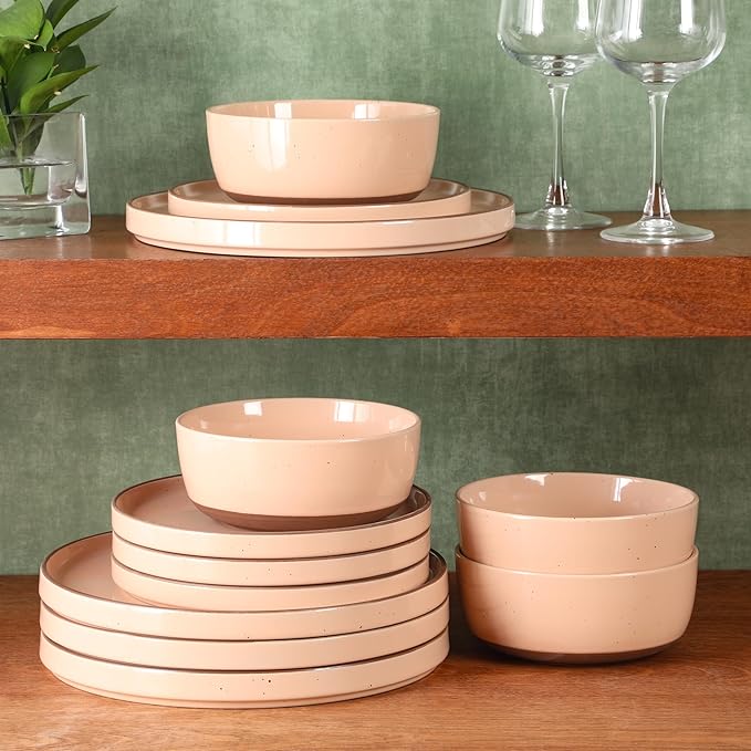 Gibson Elite Northrock Stoneware Dinnerware Set, 16-Piece Service for 4 Plates and Bowls Set – Pink Dishes with Hand-Painted Terracotta Base