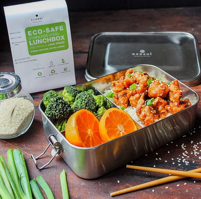 Stainless Steel Lunch Box, Leak Proof 3 Compartment, Medium | Redesigned Silicone Seal | Sustainable Zero Waste Eco Friendly Bento Box Food Storage Container