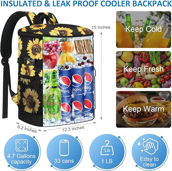 Cooler Backpack 33 Cans Backpack Coolers Insulated Leak Proof Soft Beach Cooler Bag for Men Women Ice Chest Backpack Camping Hiking Picnic Travel Cooler Lunch Backpack