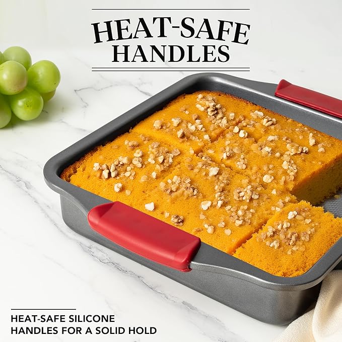 Tiawudi 9" Square Cake Pan Set of 2, 0.8mm Thick Heavy Duty Bakeware with Diamond Texture for Even Heating, Nonstick Baking Pan for Bread, Brownies & Lemon Bars, Cake Mold with Silicone Grip Handles