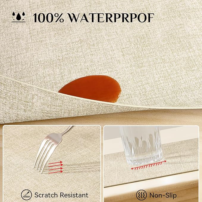 Softalker Vinyl Placemats Set of 6 - Faux Leather Heat Resistant Place Mats, 100% Waterproof Oilproof Wipe Clean Table Mats for Indoor & Outdoor Use, 17’’×12’’, Beige