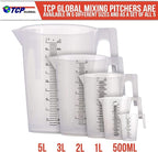 TCP Global 2 Liter (2000ml) Plastic Graduated Measuring and Mixing Pitcher (Pack of 4) - Holds Over 2 Quarts (64oz) - Pouring Cup, Measure & Mix Paint, Resin, Epoxy, Kitchen Cooking Baking Ingredients