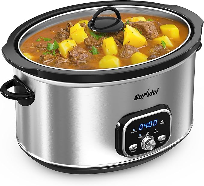 Sunvivi Slow Stew Pot - Electronic - Stainless Steel Color -8.5 QT: Multi-Cooker Food Warmer with Delay Function, Adjustable Tempature Control, Dishwasher Safe, Perfect for Families, Sliver