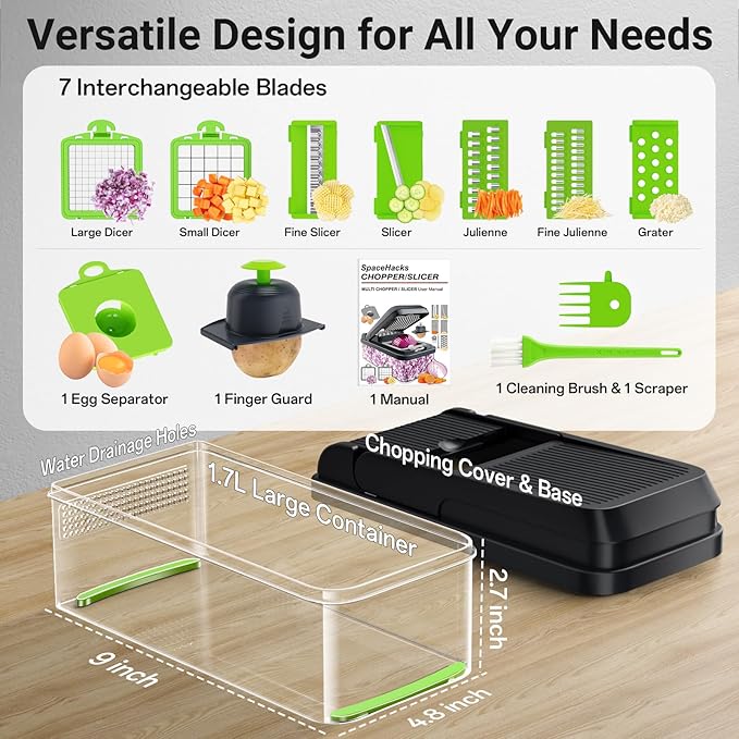 12-in-1 Vegetable Chopper, Kitchen Gadgets with 7 Blades, Veggie, Food, Onion Chopper, Cucumber Slicer, Versatile Mandoline, Includes Egg Separator & Finger Guard, Green