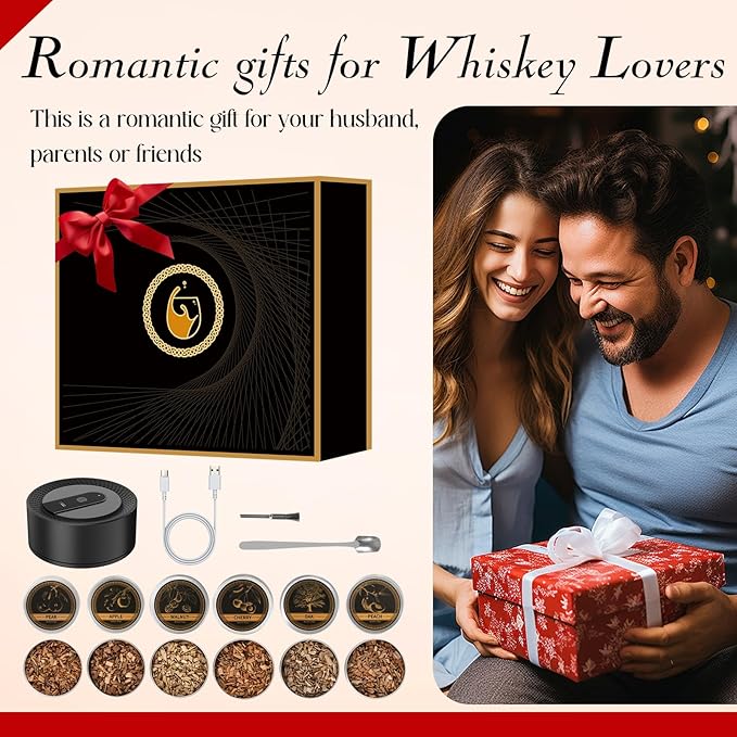 Electric Whiskey Smoker Kit with 6 Flavors Wood Chips, Rechargeable Cocktail Smoker Kit, No Butane Required (Built-in Lighter), Old Fashioned Drink Smoker Kit, Birthday Gifts for Men, Dad, Husband