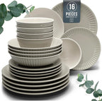 Stoneware Dinnerware Set for 4 People HYGGE 16-Piece - Elegant Scandi Design - Premium Dish Set - Bowl and Plate Set - Tableware for 4 People in a Ribbed Design - Pure Living in Light Brown