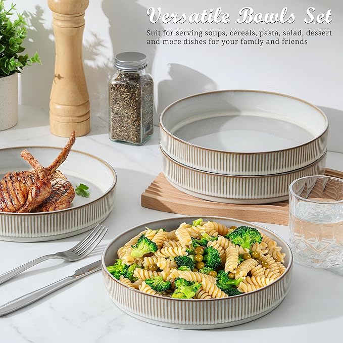 E-far Pasta Bowls Set of 4, 35oz Large Salad Bowl Plate for Dinner Serving Soup, Wide & Shallow Ceramic Stoneware Pasta Plates, Microwave & Dishwasher Safe, Reactive Glaze Texture-Stripe, Creamy Beige