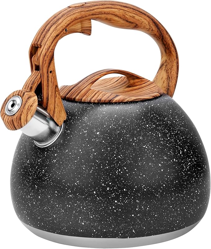 GGC Tea Kettle for Stove Top, Loud Whistling Kettle for Boiling Water Coffee or Milk, 3.1 Quart Heavy Stainless Steel Starry Black Kettle with Wood Pattern Handle, Unique Button Control Kettle Outlet