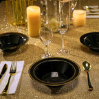JOLLY PARTY 100PCS Black Plastic Bowls with Gold Rim-12oz Disposable Soup Bowls, Christmas Thanksgiving Premium Dessert Salad Bowls for Wedding/Party/Halloween