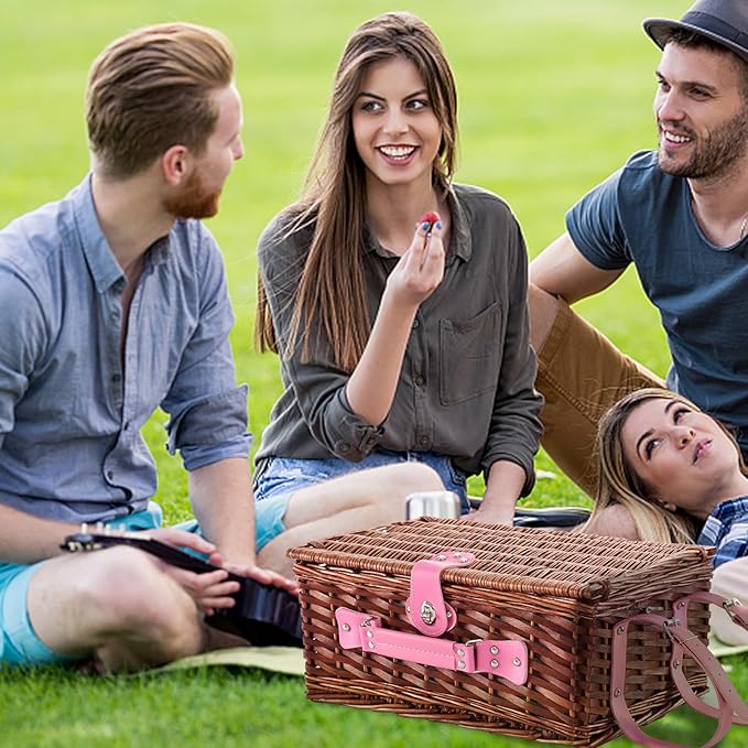 Picnic Basket Set for 4 with Waterproof Blanket Mat Insulation Bag Wicker Pink Red Stripe Classic Gift for Wedding Birthday Summer Camp Outdoor Camping Beach Travel Christmas Vacation