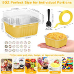 100 Pack Mini Cake Pans with Lids and Spoons, 5oz Square Aluminum Foil Loaf Pans Gold Small Cake Tins Disposable Baking Pans Dessert Cupcake Cups with Ribbon Decals for Wedding Birthday Party Picnics