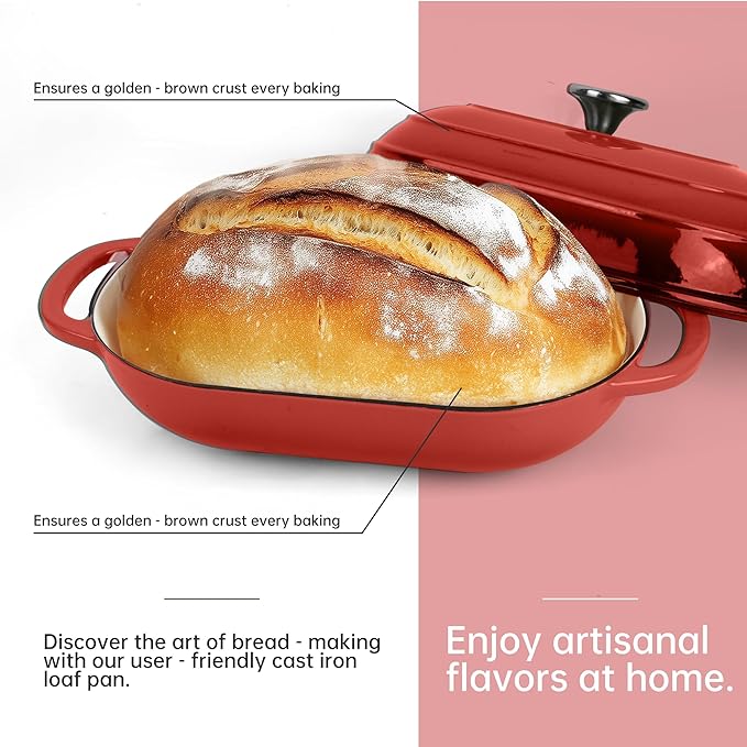Premium Enameled Cast Iron Dutch Oven for Bread Baking | Non-Stick 5QT Oval Bread Oven with Lid | Perfect for Sourdough, Loaf, and Artisan Baking (Red, 5 QT)