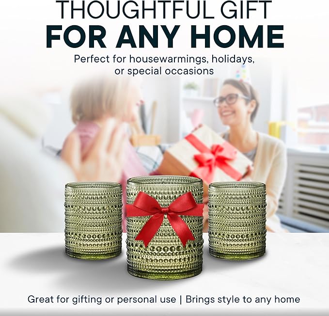 12 OZ Hobnail Drinking Set of 12 – Vintage Embossed Glassware, Textured Tumblers for Water, Beer, Cocktails, Mocktails, Whiskey & More – Includes Straws and Coasters – Green