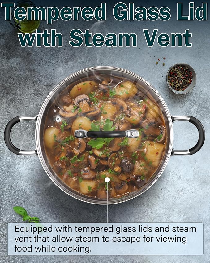 Cook N Home Stainless Steel Cookware Sets 10-Piece, Pots and Pans Kitchen Cooking Set with Stay-Cool Handles, Dishwasher Safe, Silver