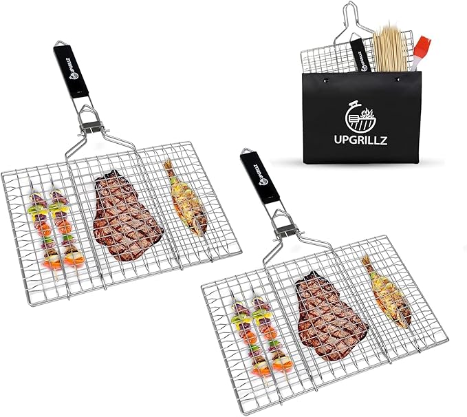 2 Set Fish Grill Baskets for Outdoor Grill Vegetables, Fish Grilling rack for Grill, BBQ Grilling Basket, Stainless steel Grill Basket for Veggies, shrimp Includes 50 skewers, Silicon Brush, and Carry Bag