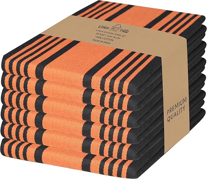 Urban Villa Kitchen Towels 100% Cotton Pack of 6, Highly Absorbent Quick Drying Super Soft Premium Dish Towels for Kitchen with Hanging Loop Hand & Tea Towels - 20x30 Inch, (Orange & Black Striped)