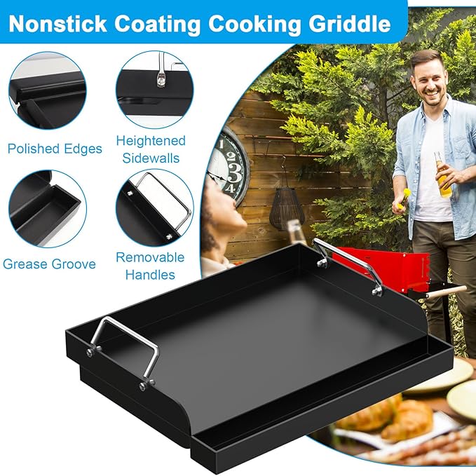 17" x 13" Nonstick Grill Griddle for Most Gas Grills, Universal Flat Top Griddle for Charcoal/Gas Stove, Cooking Griddle Plate with Removable Handles & Grease Groove for Camping, Tailgating, Parties