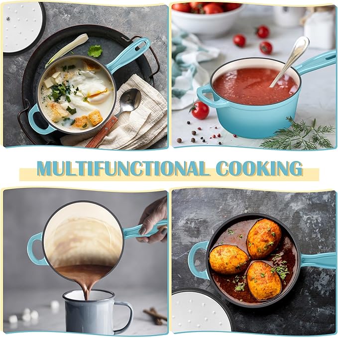 E-far Enameled Cast Iron Sauce Pan with Lid, 1 Quart Dutch Oven Saucepan, Mini Sauce Pot for Cooking, Boiling, Healthy & Non Toxic, Induction & Oven Safe, Light Blue