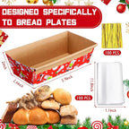 100 Sets Christmas Paper Loaf Pans Mini Disposable Baking Bread Pans with 100 Pcs Clear Bread Bags with Ties Rectangle Loaf Molds for Cake Oven Baker(5.9 x 2.6 x 2 Inches)
