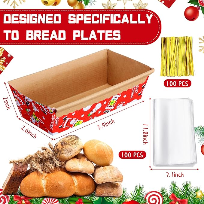 100 Sets Christmas Paper Loaf Pans Mini Disposable Baking Bread Pans with 100 Pcs Clear Bread Bags with Ties Rectangle Loaf Molds for Cake Oven Baker(5.9 x 2.6 x 2 Inches)