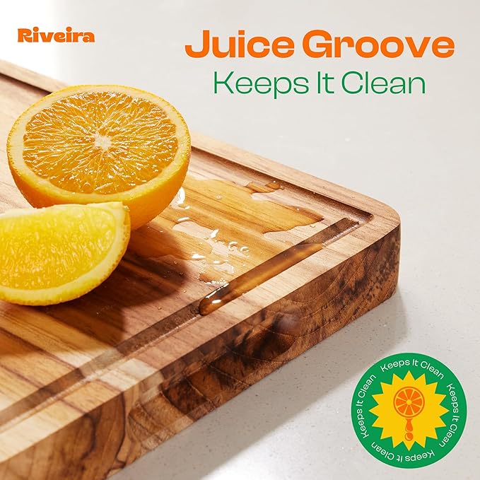 Riveira Teak Wood Cutting Board – Gourmet Teak Grandeur: 20 x 30 Wooden Cutting Board – Natural Wooden Cutting Boards For Kitchen Decorative – Innovative Juice Grooves Teak Wooden Chopping Board