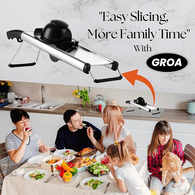 GROA Mandoline Slicer For Kitchen- Mandolin Potato Slicer Onion Slicer Veggie Slicer Tomato Slicer in Kitchen Essentials with Resistant Gloves- Adjustable Stainless Steel Vegetables Slicer Food Slicer