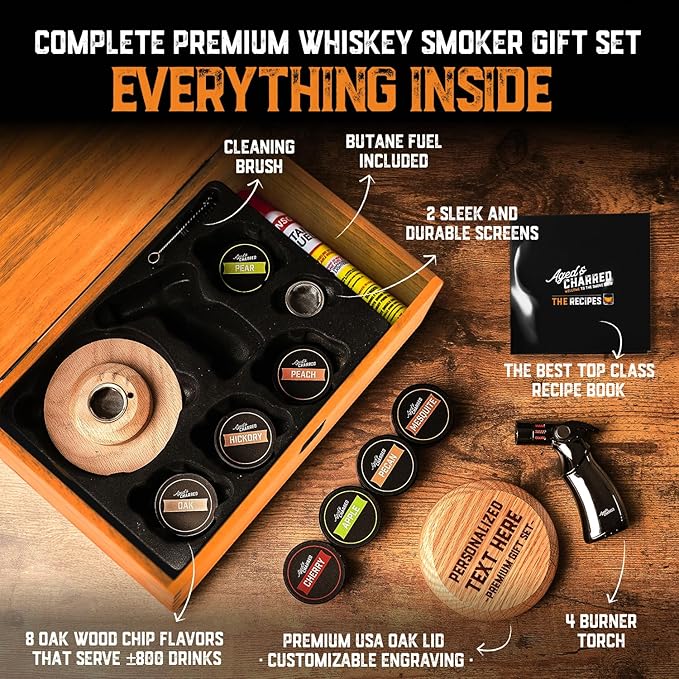 Custom Whiskey Cocktail Smoker Kit with Torch & Wood Chips - Premium Set, USA Oak Smoker - Old Fashioned Cocktail Kit for Whiskey Lovers - Bourbon Gifts for Men - Gift from Wife, Daughter, Son