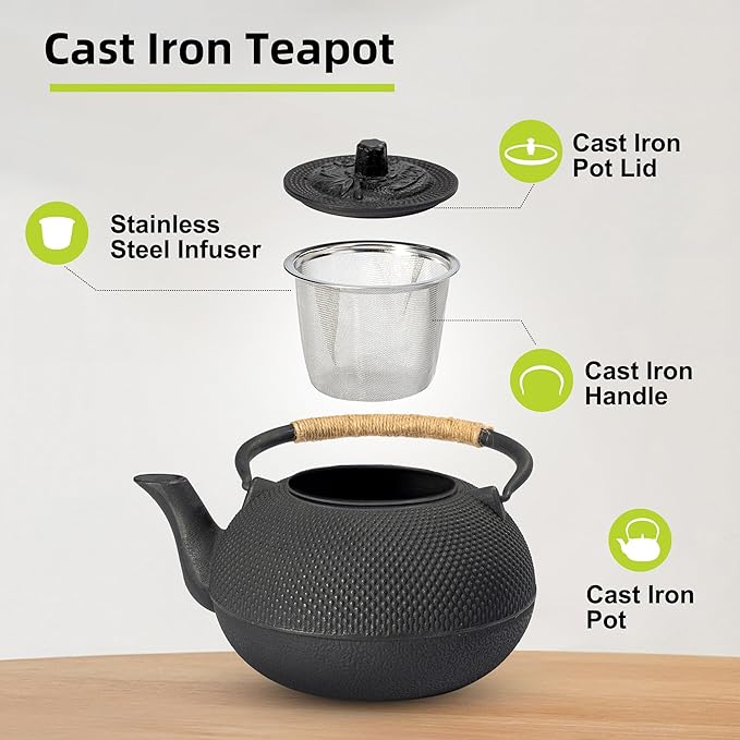 suyika Japanese Tetsubin Cast Iron Teapot Tea Kettle pot with Stainless Steel Infuser for Stovetop Safe Coated with Enameled Interior 22 oz/650 ml