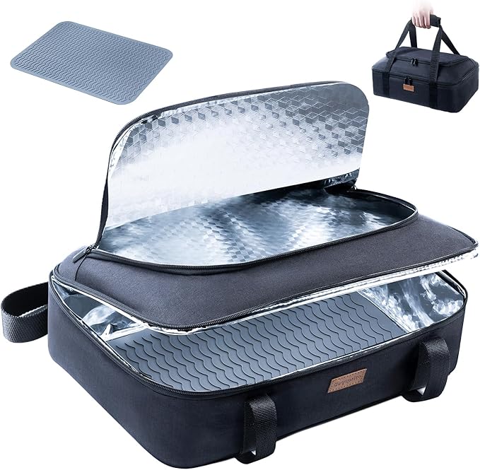BAGSPRITE Insulated Casserole Carrier for Hot or Cold Food with Heat-resistant Mat, Casserole Dish Carrier Insulated Food Carrier, Hot Food Carrier, Foil Pan Carrier Fits 9" x 13" Baking Dish